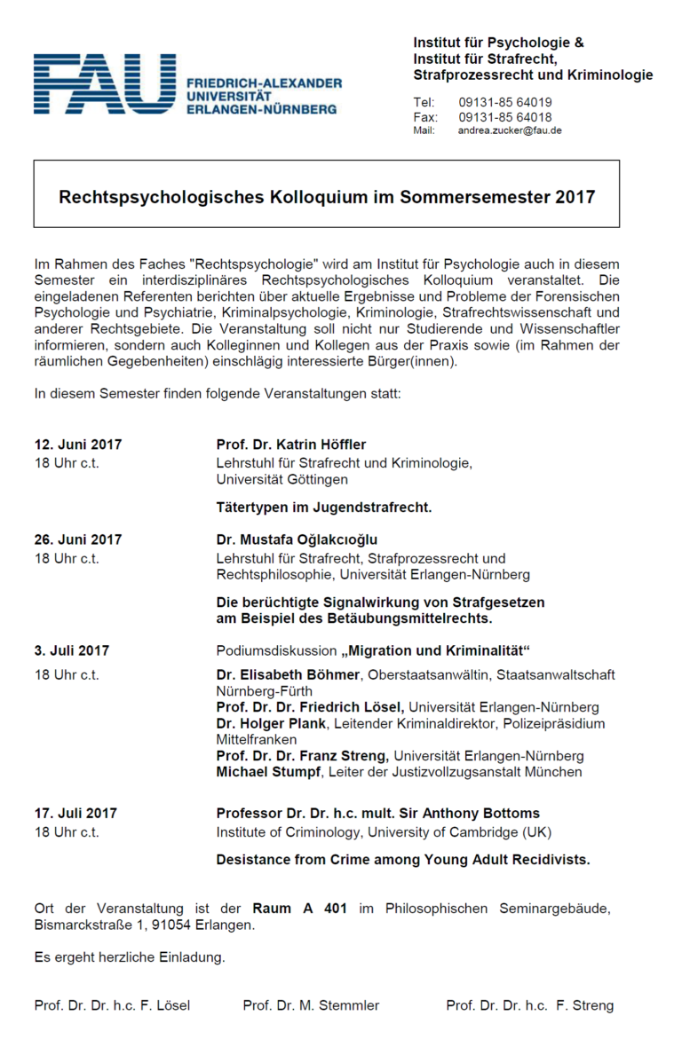 Rechtspsychologisches Kolloquium / Sommersemester 2017