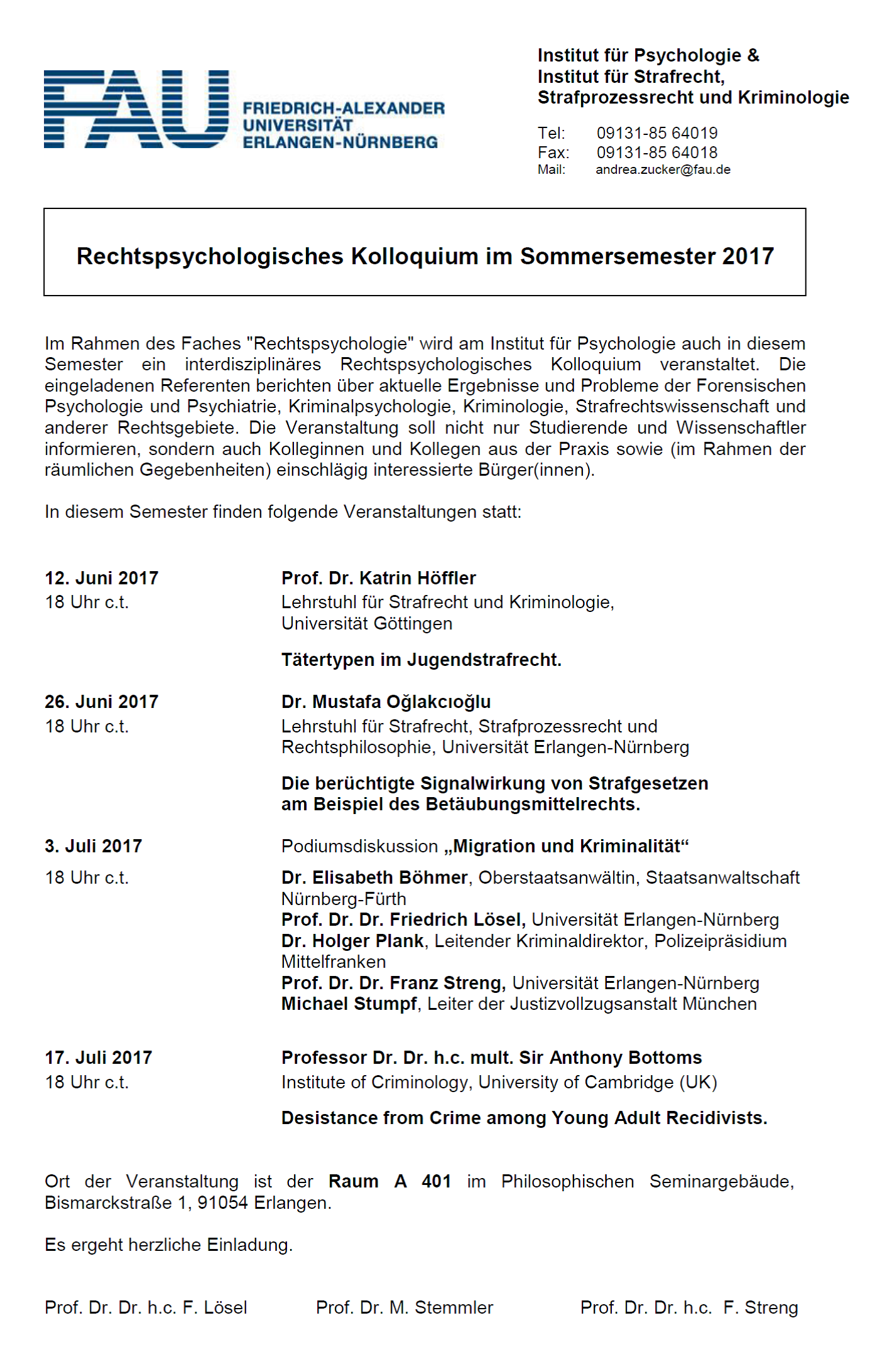 Zum Artikel "Rechtspsychologisches Kolloquium / Sommersemester 2017"