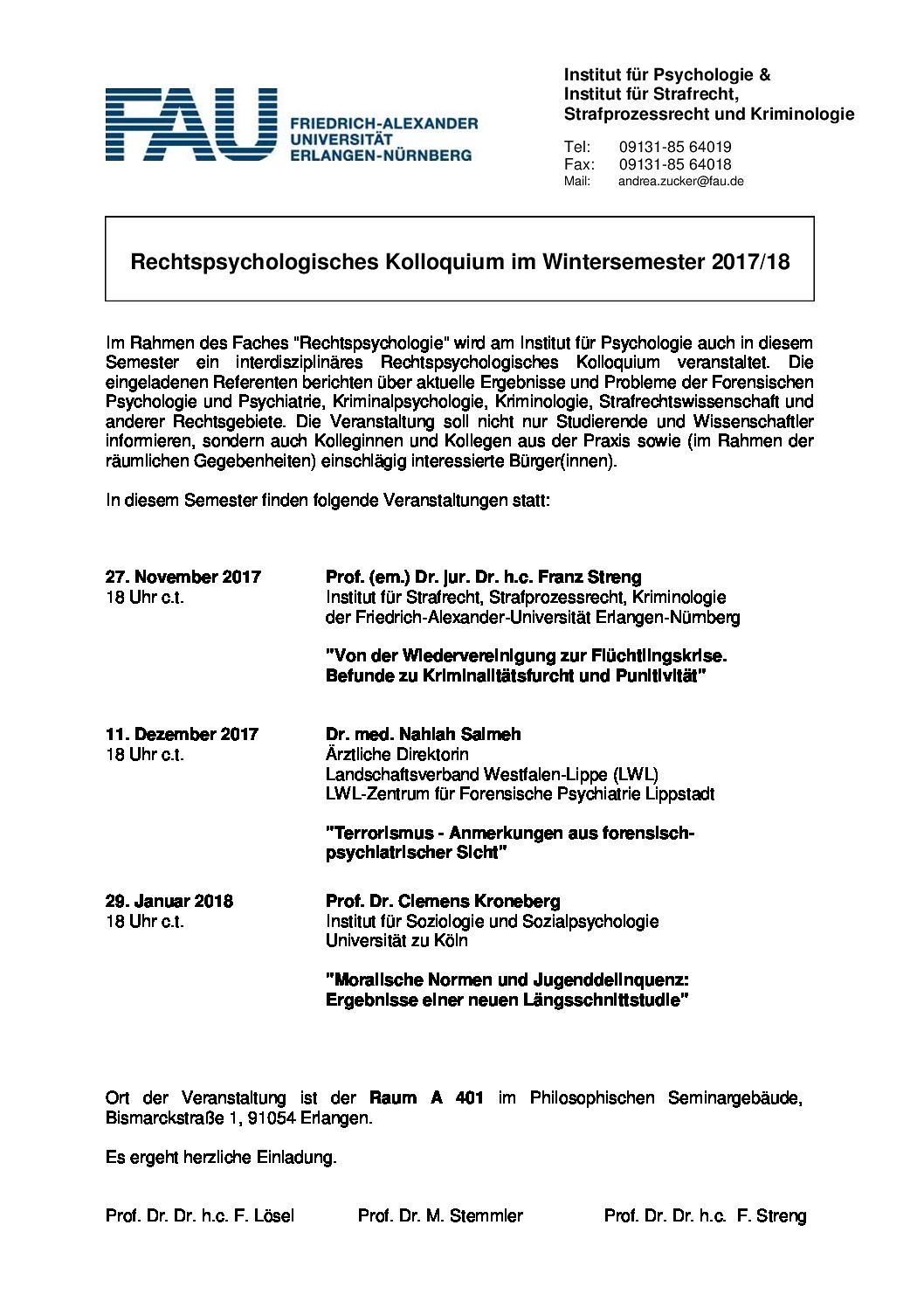 Zum Artikel "Rechtspsychologisches Kolloquium / Wintersemester 2017/2018"