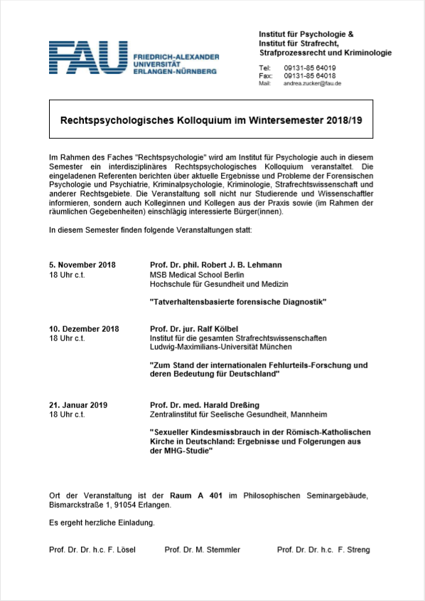 Zum Artikel "Rechtspsychologisches Kolloquium / Wintersemester 2018/2019"