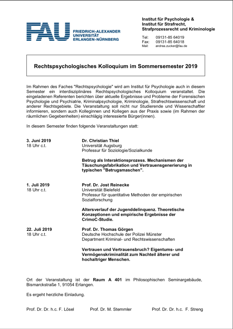 Rechtspsychologisches Kolloquium / Sommersemester 2019