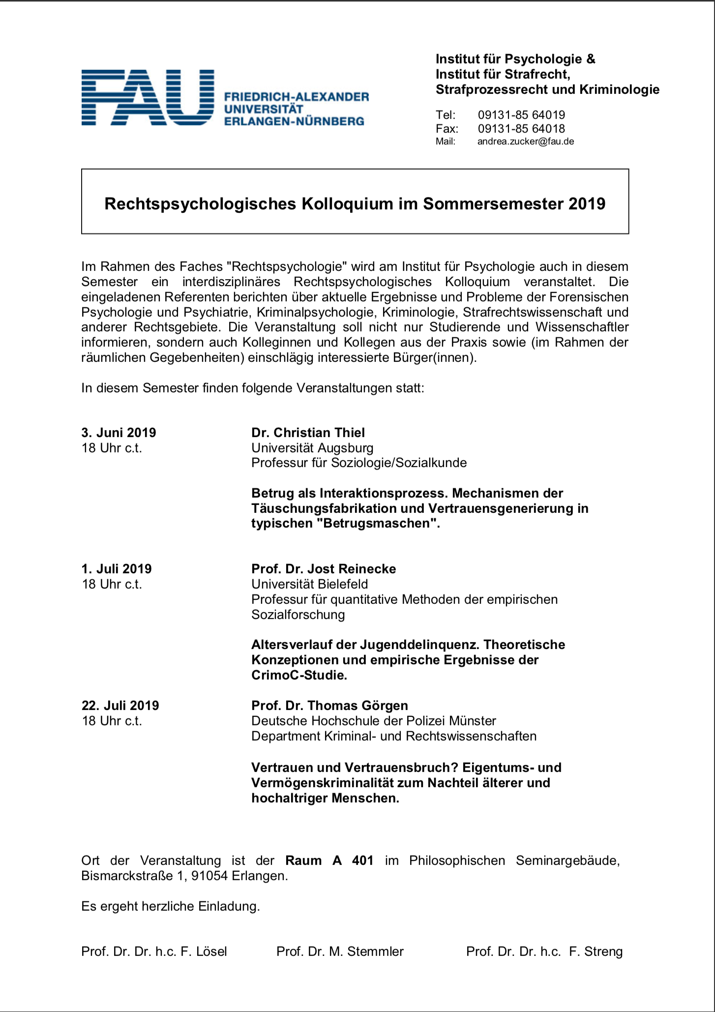 Zum Artikel "Rechtspsychologisches Kolloquium / Sommersemester 2019"