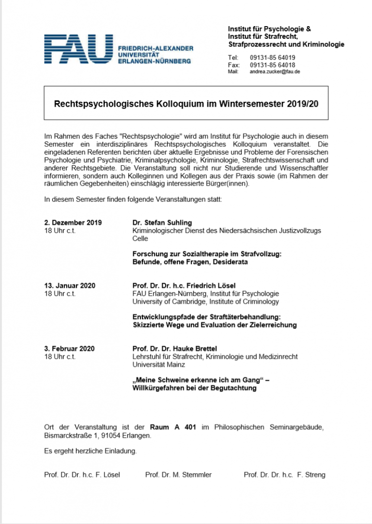 Rechtspsychologisches Kolloquium / Wintersemester 2019/2020