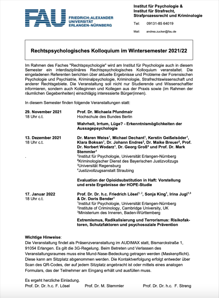 Rechtspsychologisches Kolloquium im Wintersemester 2021/22