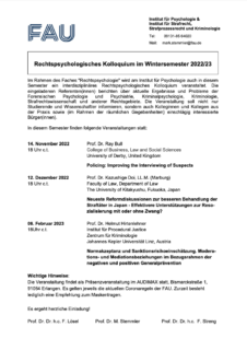 Zum Artikel "Rechtspsychologisches Kolloquium Wintersemester 2022/23"